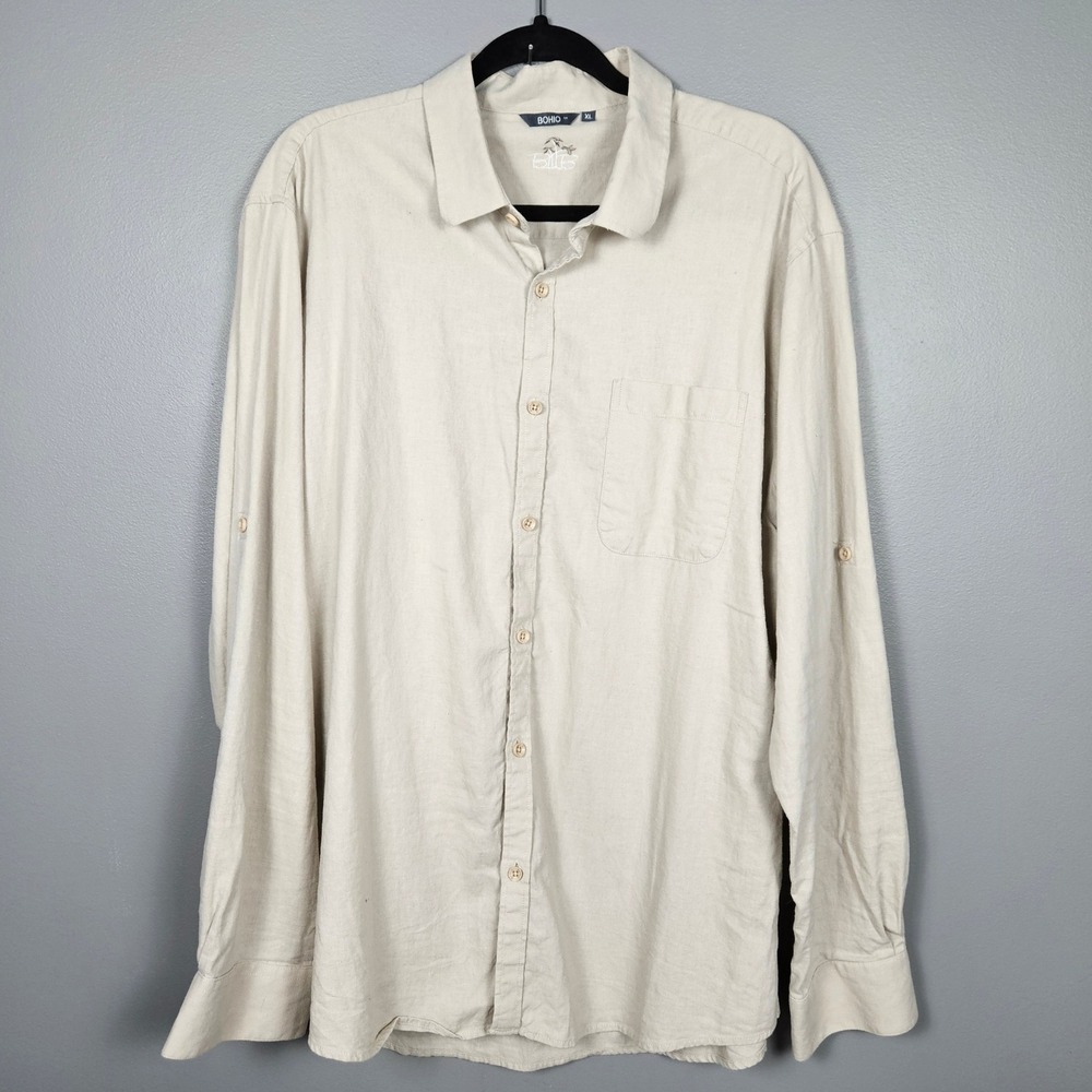 Bohio Mens XL Linen Blend Button Up Shirt‎ Long Sleeve Khaki Beach Casual